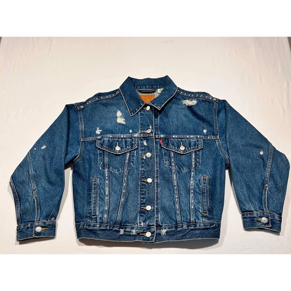 Levis Premium Distressed Denim Trucker Jacket Medium Wash Blue Womens